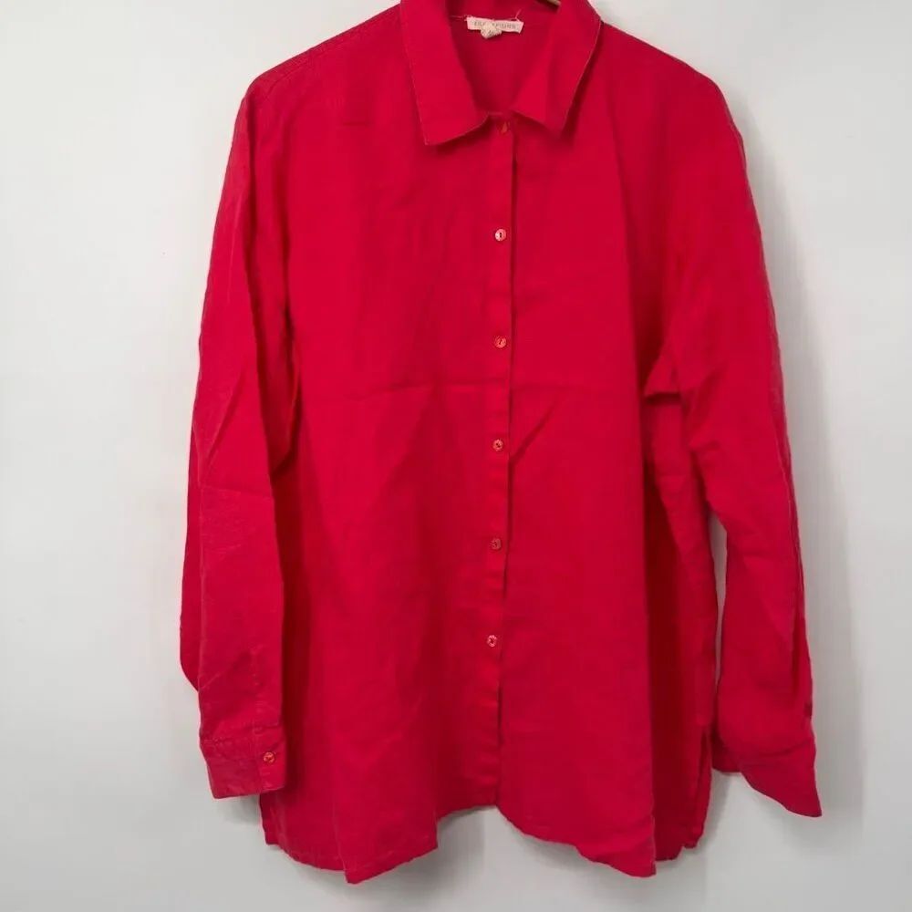Eileen Fisher Red Irish Linen Collared Long Sleeve Button Down Shirt Size Small